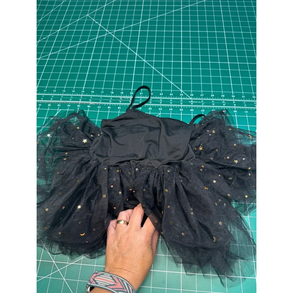 Kids Black Celestial Gold Star Moon Tulle Tutu Dance Leotard Size M